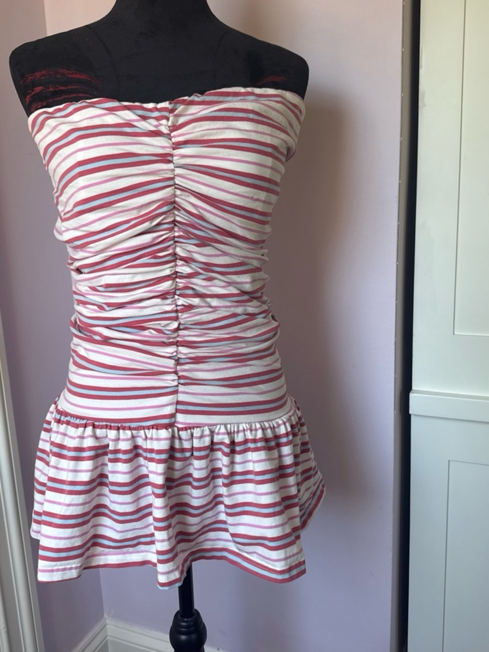 Princess Polly Strapless Ruched Mini Dress in Pink and White Stripe